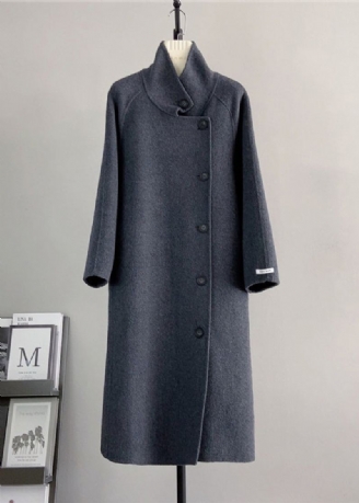 Manteau En Laine Gris Foncé Élégant Col Montant Cravate À La Taille Hiver