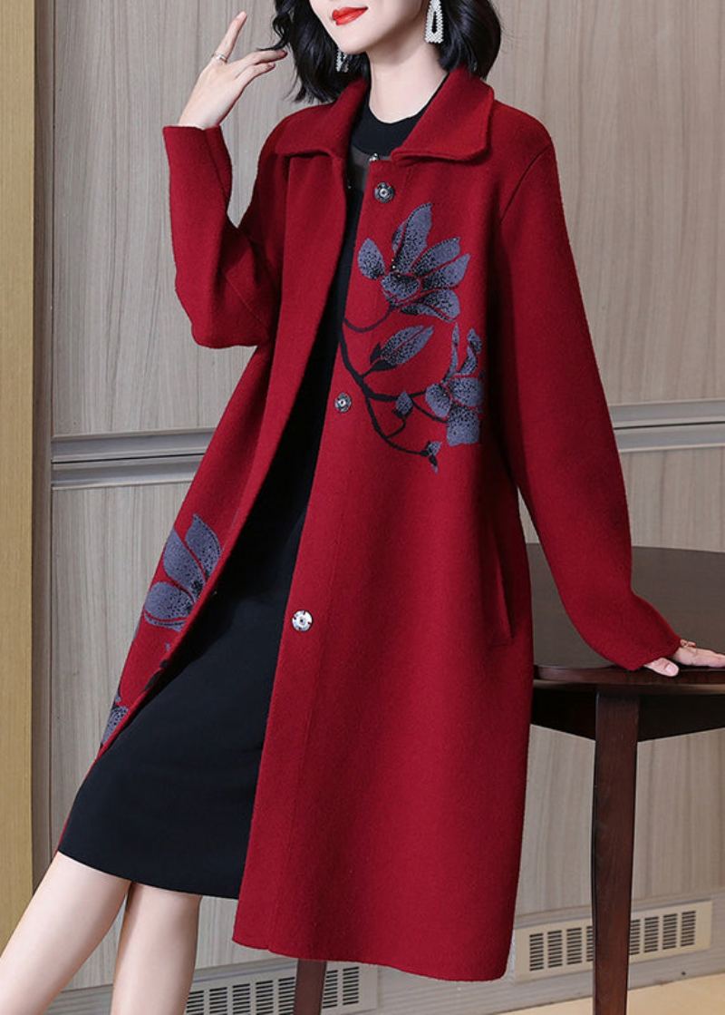 Manteau En Laine Jacquard Rouge Avec Col Peter Pan Et Poches Boutonnées Printemps