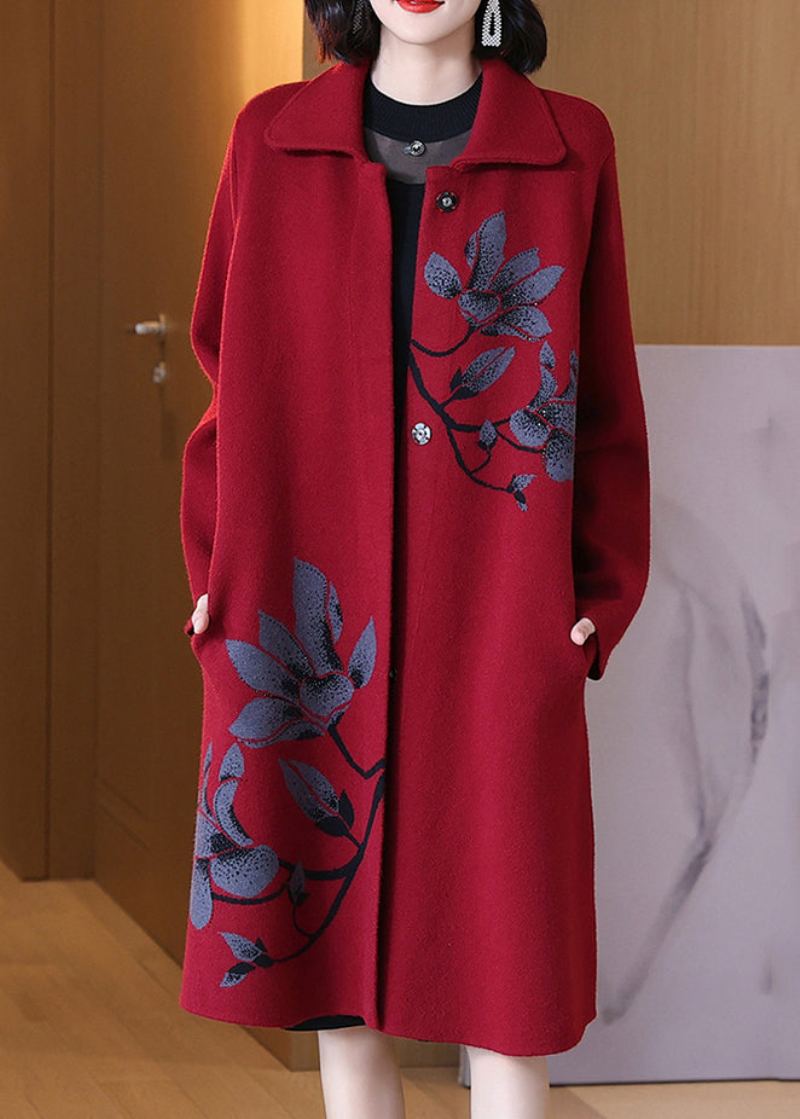 Manteau En Laine Jacquard Rouge Avec Col Peter Pan Et Poches Boutonnées Printemps - Manteaux d'hiver femmes