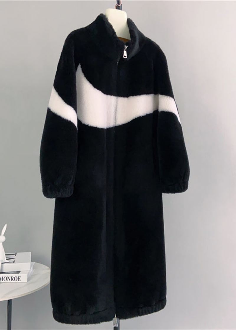 Manteau En Laine Noir Chic Avec Poches Zippées Et Col Montant Pour L'hiver - Manteaux d'hiver femmes