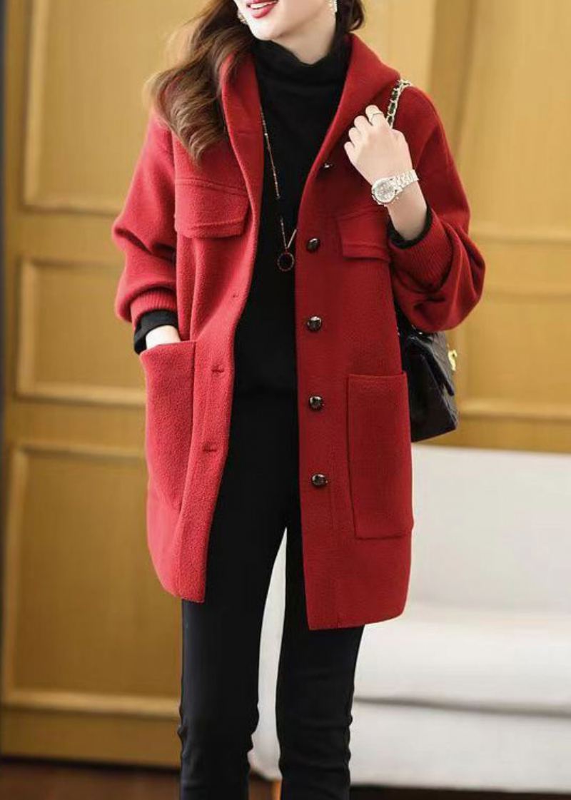 Manteau En Laine Patchwork Pour Femmes Rouge Poches À Capuche Automne - Manteaux d'hiver femmes