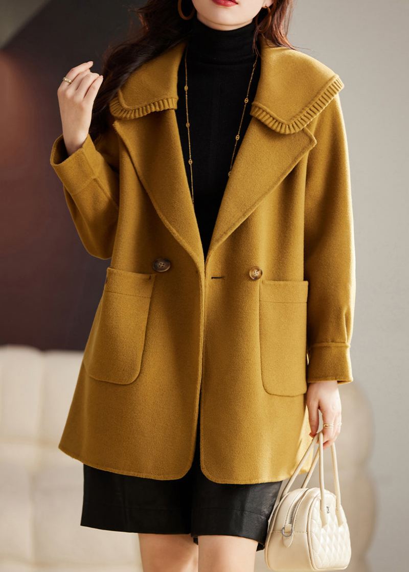 Manteau En Laine Patchwork Jaune Chic Avec Poches Boutonnées Et Manches Longues - Manteaux d'hiver femmes