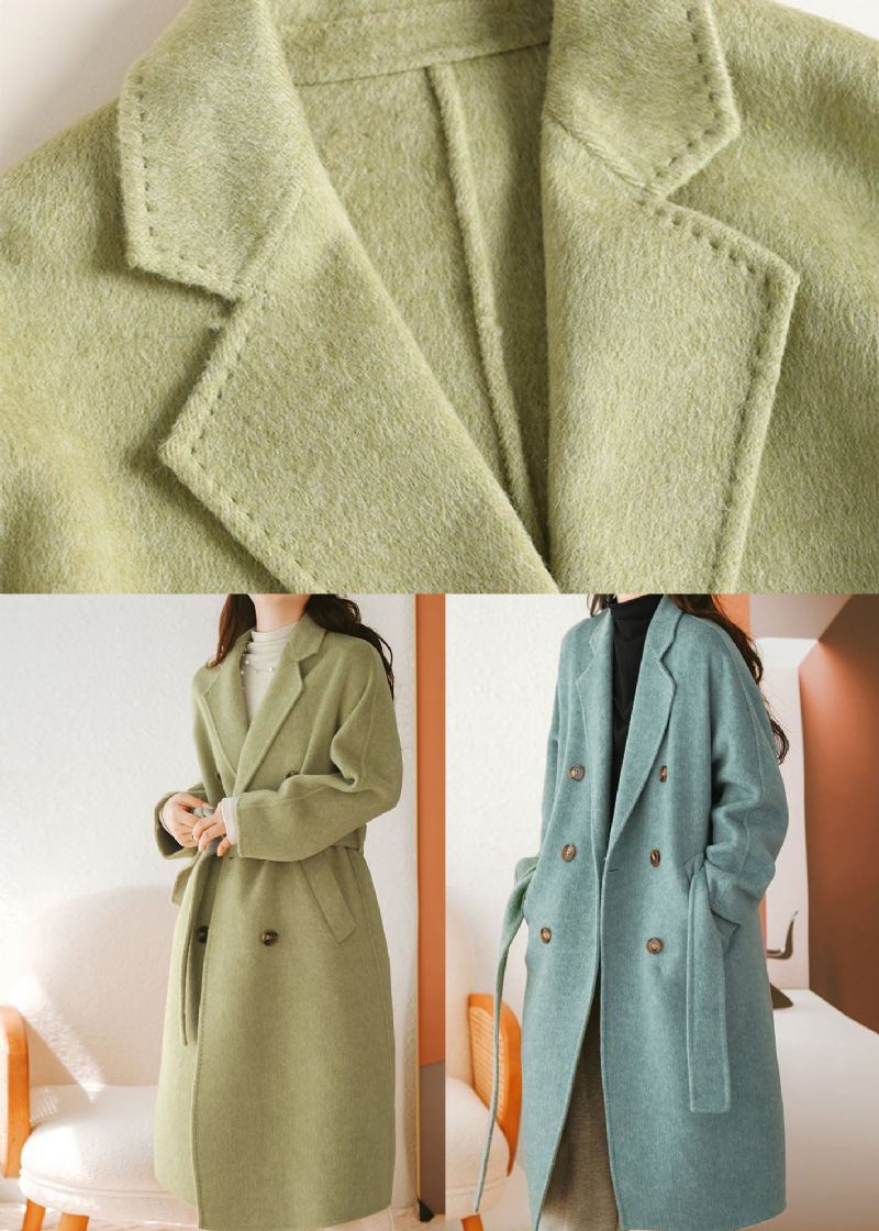 Manteau En Laine Vert Bohème Avec Col Peter Pan Et Ceintures Automne - Vert