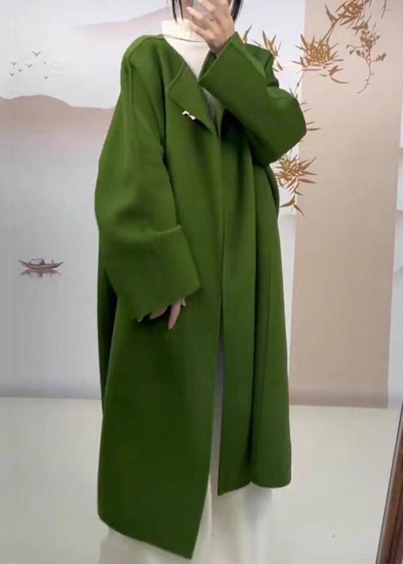 Manteau En Laine Vert Chic Avec Poches À Col Rond Grande Taille Automne