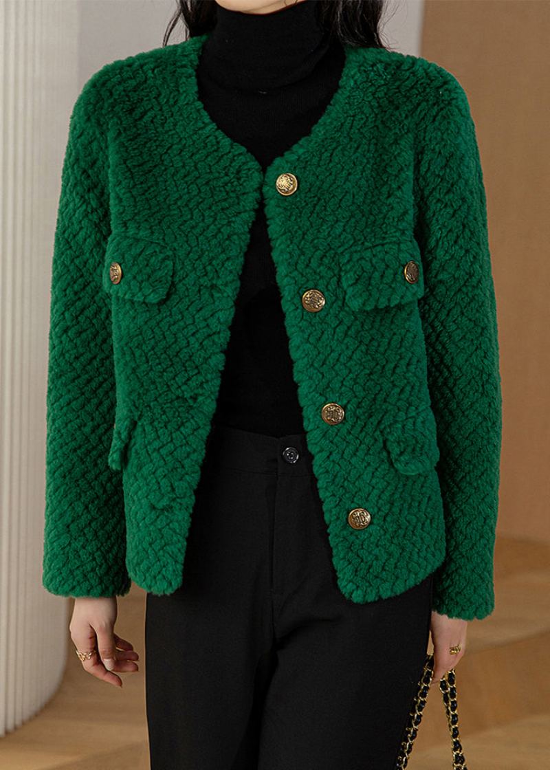 Manteau En Laine Vert Chic À Col Rond Et Boutons Manches Longues