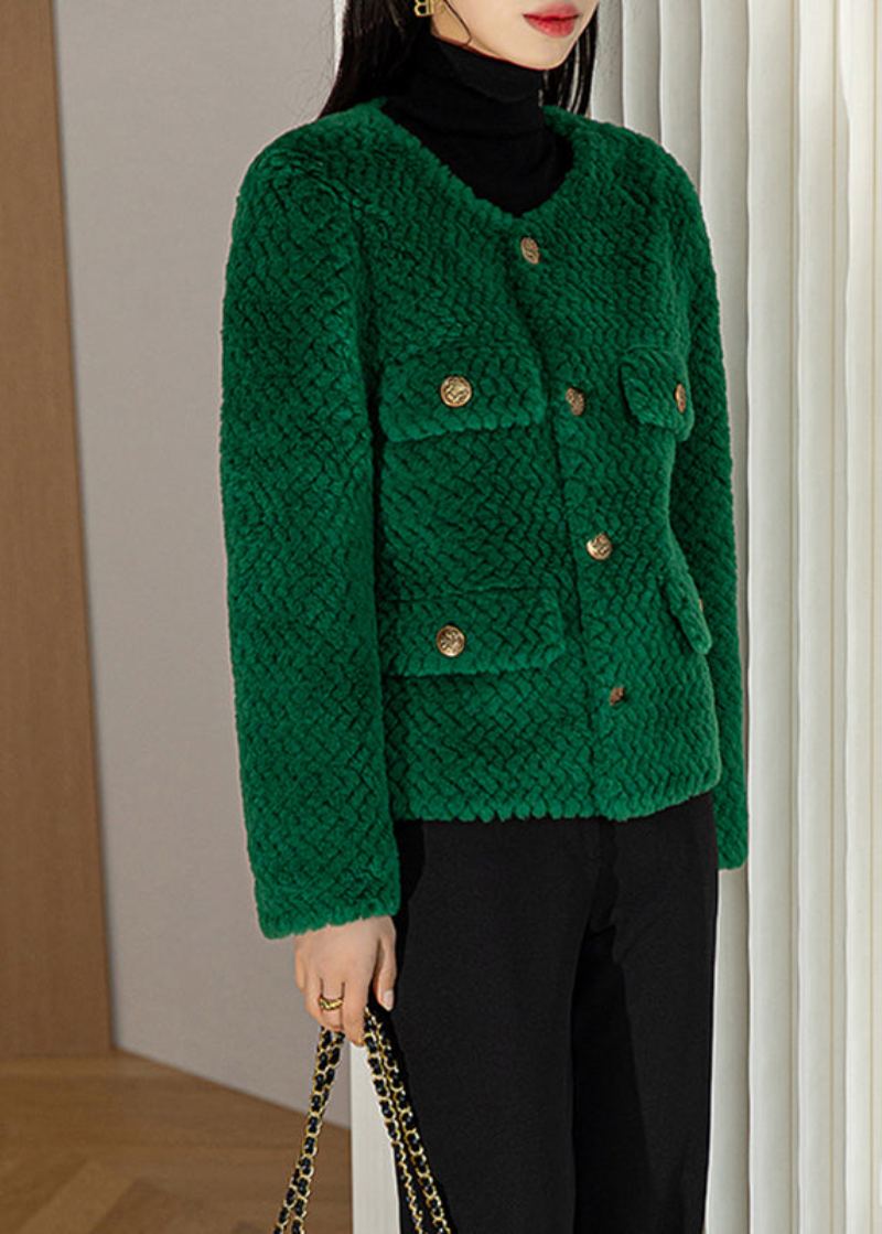 Manteau En Laine Vert Chic À Col Rond Et Boutons Manches Longues - Manteaux d'hiver femmes