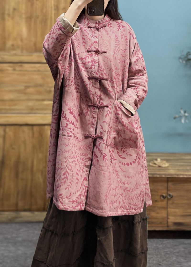 Manteau En Lin Ample Rose Avec Poches Boutonnées Et Manches Longues - Manteaux d'hiver femmes