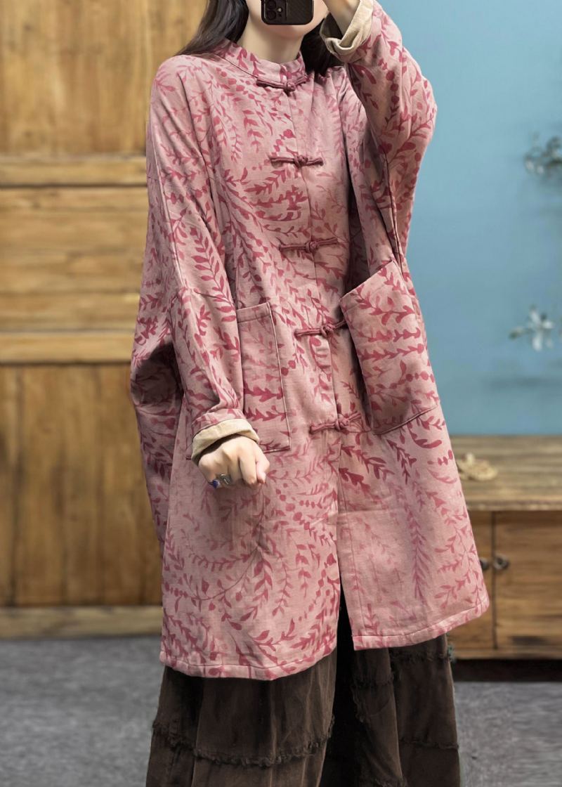 Manteau En Lin Ample Rose Avec Poches Boutonnées Et Manches Longues - Manteaux d'hiver femmes