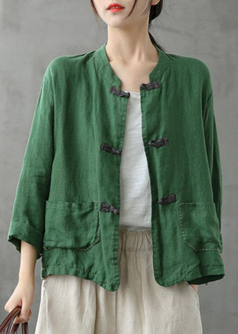 Manteau En Lin Patchwork Brodé À Col Montant Boutique Vert