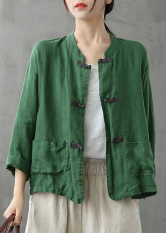 Manteau En Lin Patchwork Brodé À Col Montant Boutique Vert