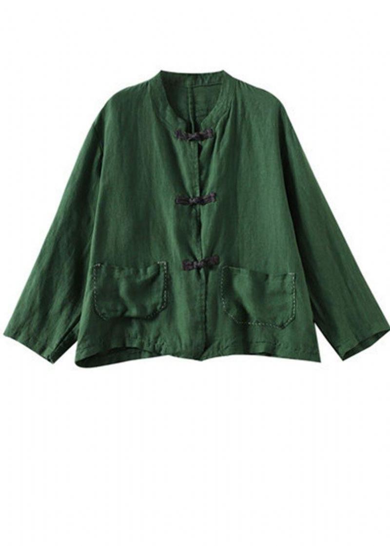 Manteau En Lin Patchwork Brodé À Col Montant Boutique Vert - Vert