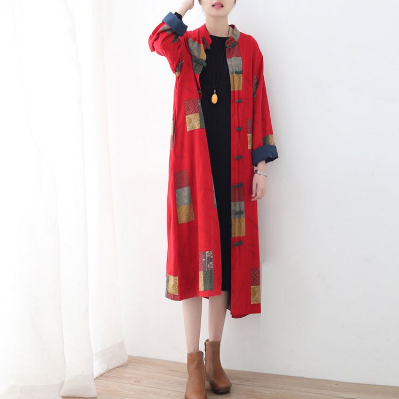 Manteau En Lin Rouge Fin Surdimensionné Patchwork Long Cardigan En Coton Boutons Chinois Fins Vêtements De Voyage