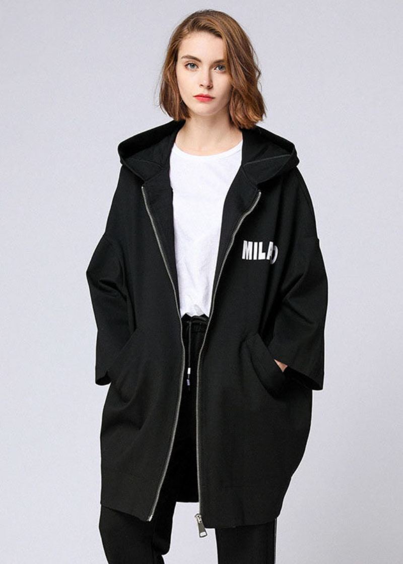 Manteau Long D'automne À Capuche Et Poches Zippées Avec Lettres Noires Biologiques