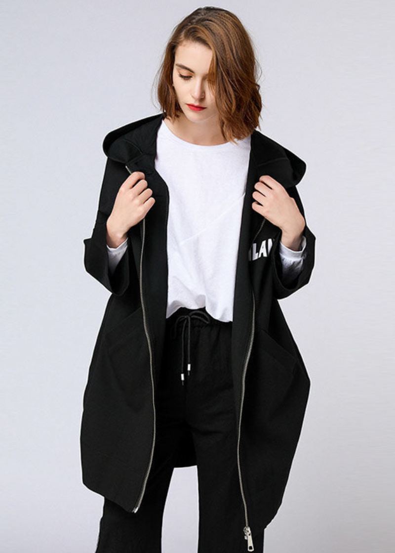 Manteau Long D'automne À Capuche Et Poches Zippées Avec Lettres Noires Biologiques - Manteaux d'hiver femmes