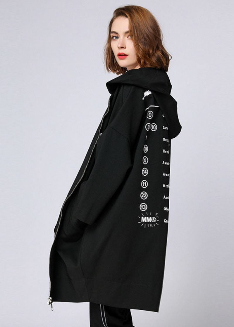 Manteau Long D'automne À Capuche Et Poches Zippées Avec Lettres Noires Biologiques - Manteaux d'hiver femmes