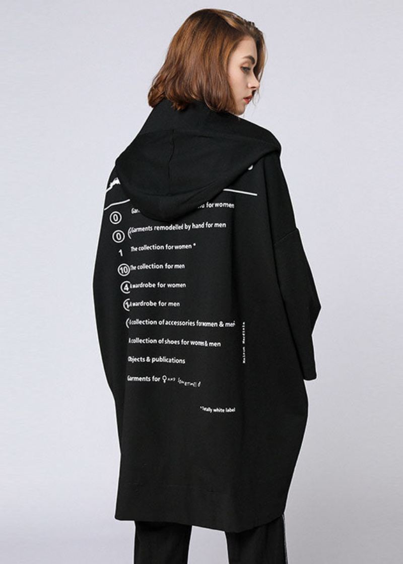 Manteau Long D'automne À Capuche Et Poches Zippées Avec Lettres Noires Biologiques - Manteaux d'hiver femmes