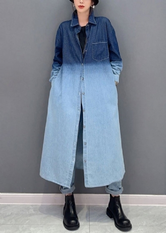 Manteau Long En Denim Avec Poches À Boutons De Couleur Dégradé Ample Automne