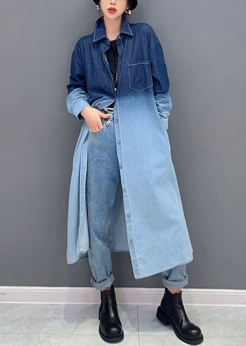 Manteau Long En Denim Avec Poches À Boutons De Couleur Dégradé Ample Automne - Manteaux d'hiver femmes