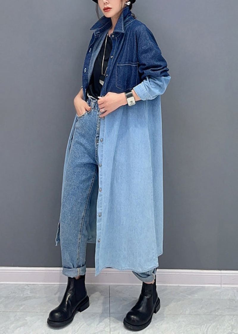 Manteau Long En Denim Avec Poches À Boutons De Couleur Dégradé Ample Automne - Manteaux d'hiver femmes