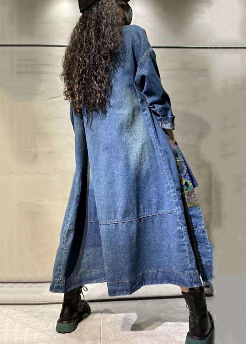 Manteau Long En Denim Avec Poches Imprimées Bleues Manches Longues - Manteaux d'hiver femmes