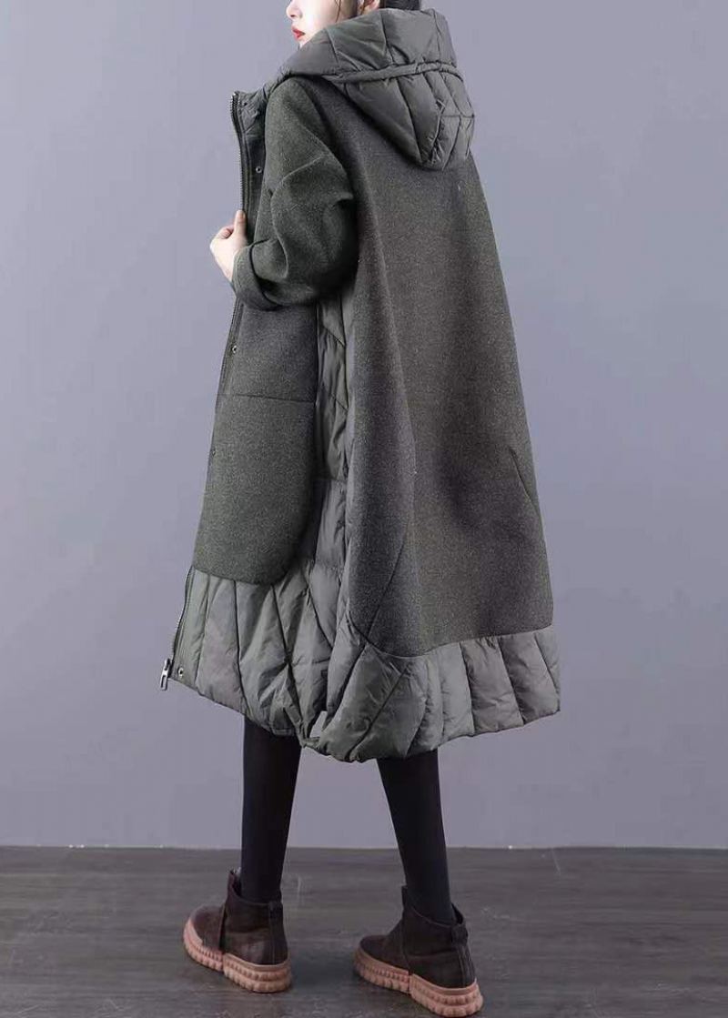 Manteau Long Épais Avec Poches Patchwork Fermeture Éclair Manches Longues Vert - Manteaux d'hiver femmes