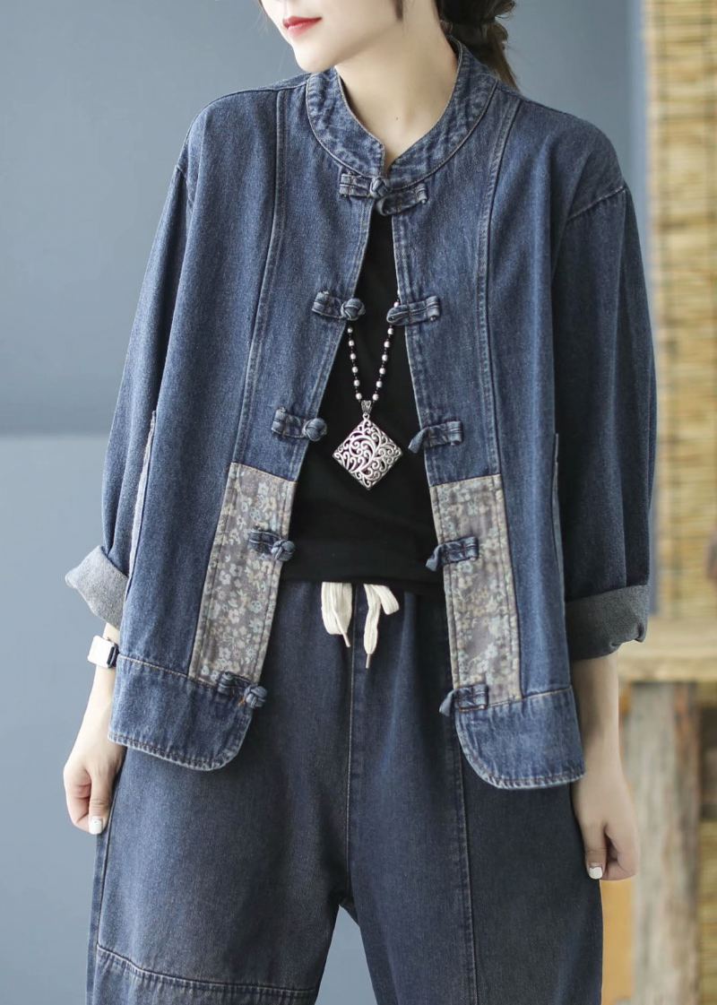 Manteau À Manches Longues En Denim D'automne Avec Poches Bleues Élégantes Et Patchwork - Bleu