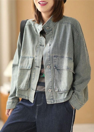 Manteau À Manches Longues En Denim D'automne Avec Poches Et Boutons Bleu Clair De Grande Taille