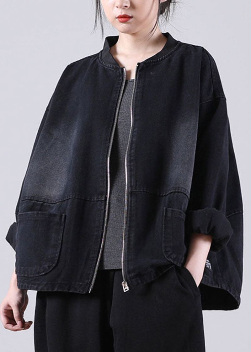 Manteau À Manches Longues En Denim D'automne Avec Poches Zippées Noires Amples - Manteaux d'hiver femmes