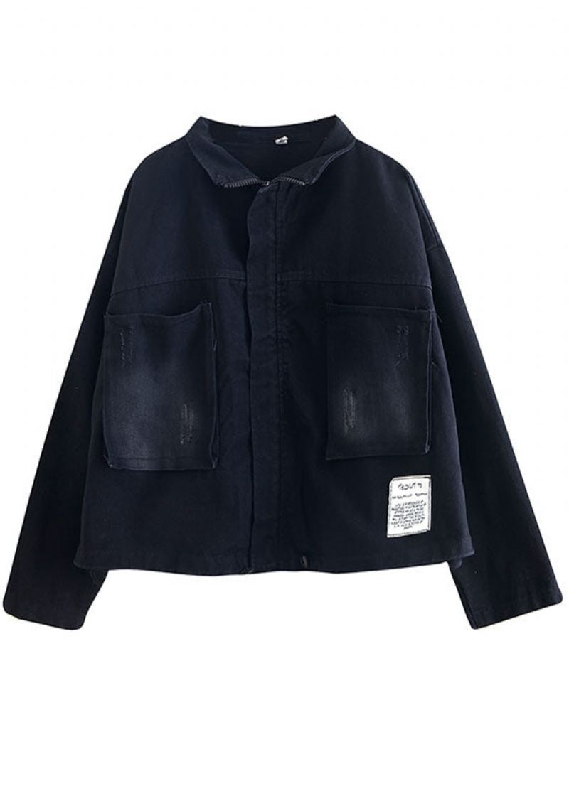 Manteau À Manches Longues En Denim Pour Femmes Poches Noires Fermeture Éclair Cordon De Serrage Automne - Manteaux d'hiver femmes