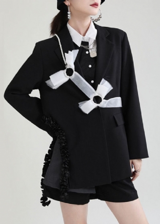 Manteau À Manches Longues Noir Ajusté Avec Col Peterpan Et Patchwork Asymétrique