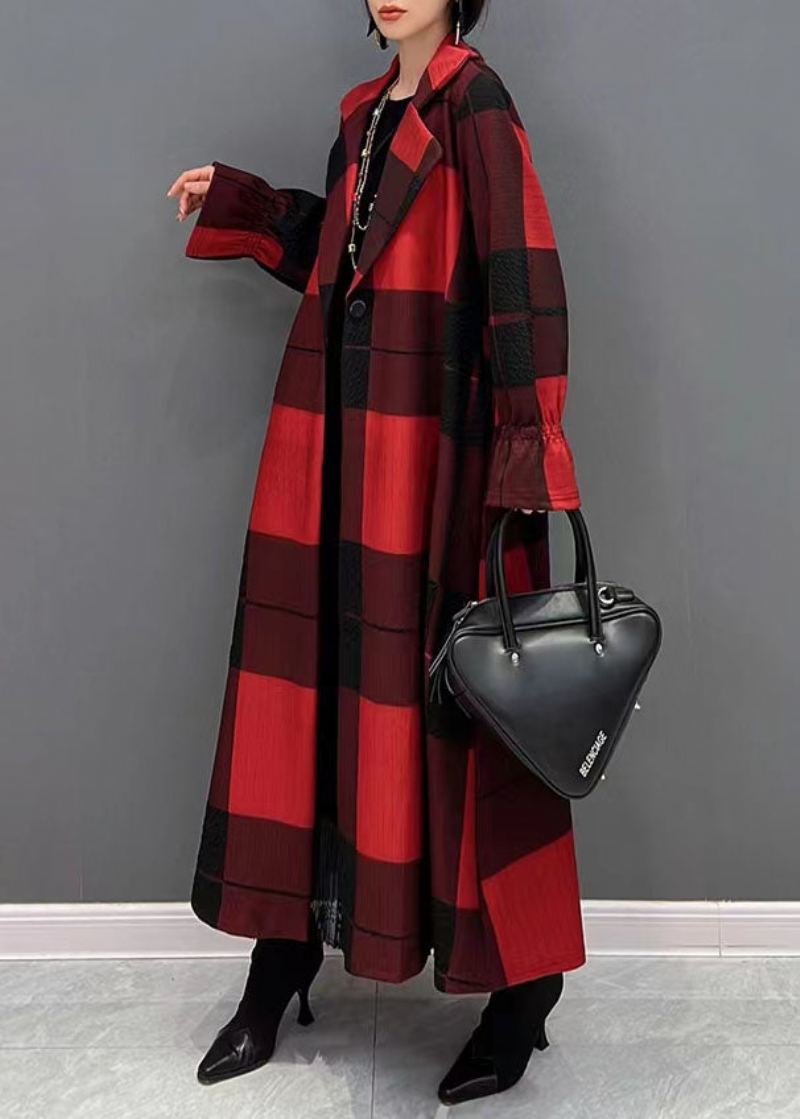 Manteau Maxi Asymétrique Grande Taille Diy Manteaux Quotidiens À Carreaux Rouges - Manteaux d'hiver femmes