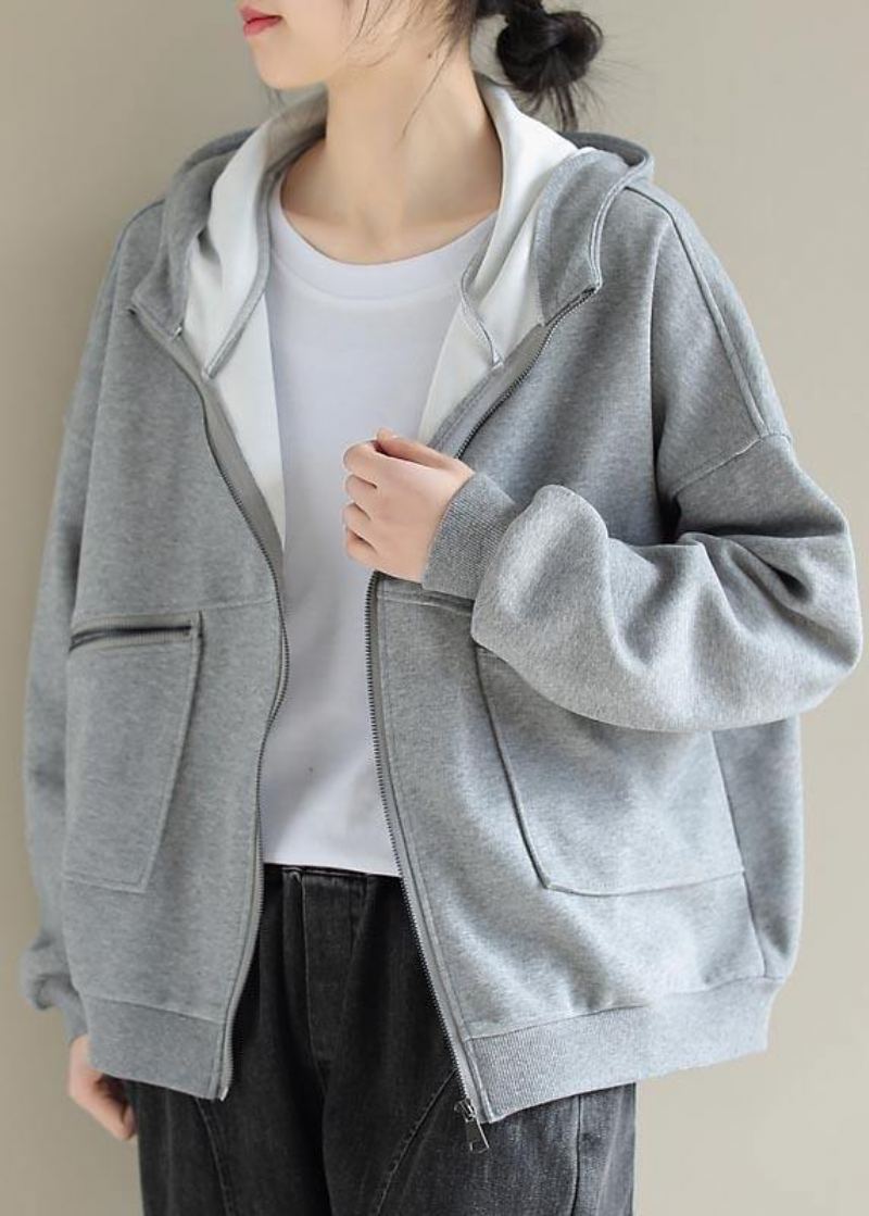 Manteau De Mode Gris Clair Simple Pour Femme Hauts À Capuche Avec Fermeture Éclair Manteaux De Printemps