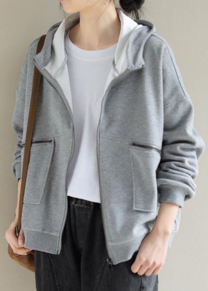 Manteau De Mode Gris Clair Simple Pour Femme Hauts À Capuche Avec Fermeture Éclair Manteaux De Printemps - Gris Clair