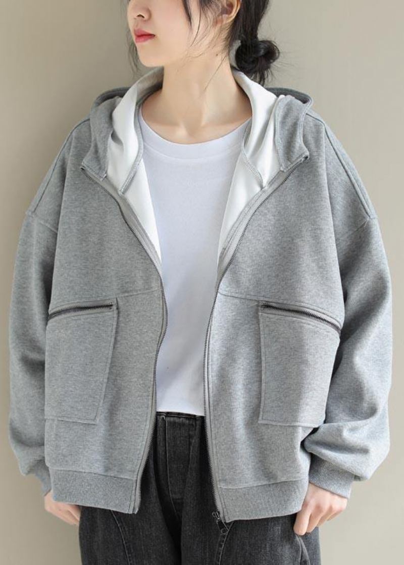 Manteau De Mode Gris Clair Simple Pour Femme Hauts À Capuche Avec Fermeture Éclair Manteaux De Printemps - Gris Clair