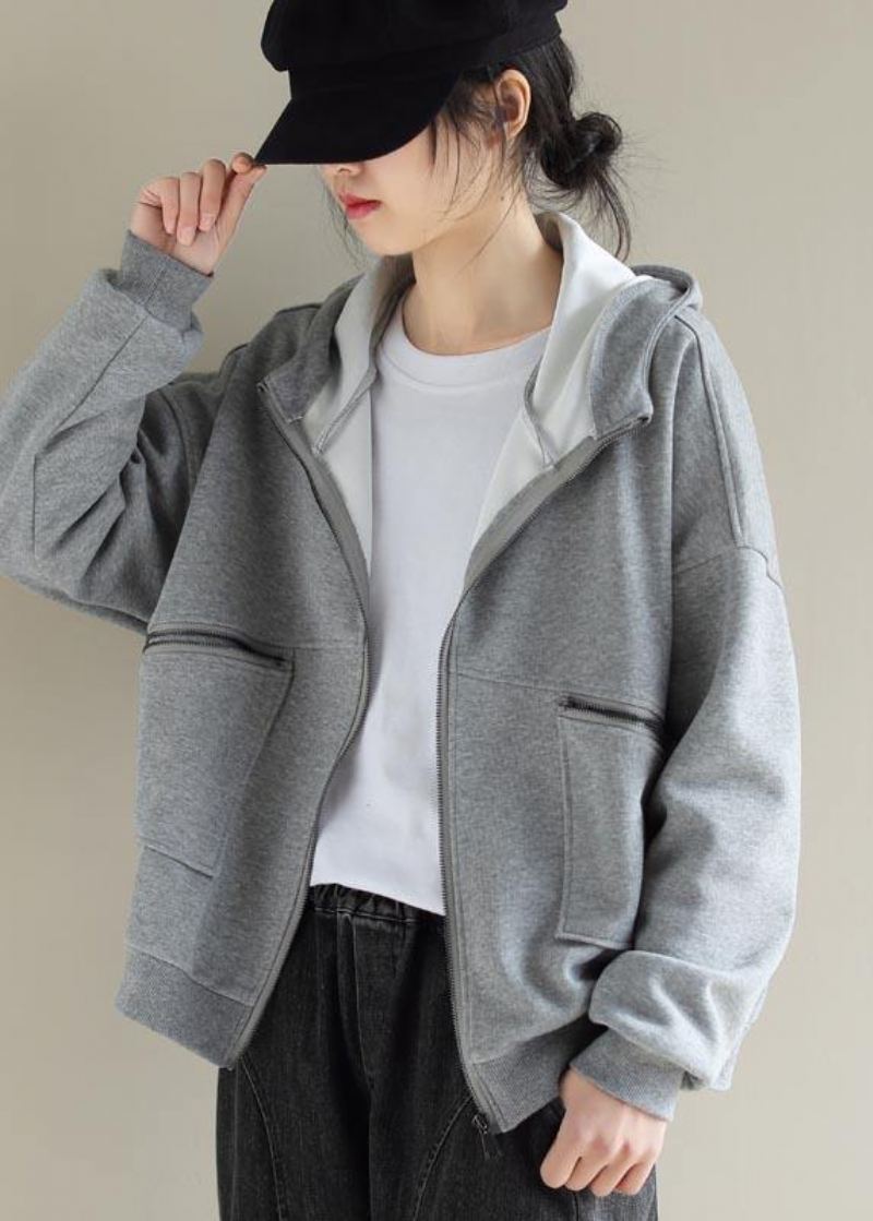 Manteau De Mode Gris Clair Simple Pour Femme Hauts À Capuche Avec Fermeture Éclair Manteaux De Printemps - Gris Clair