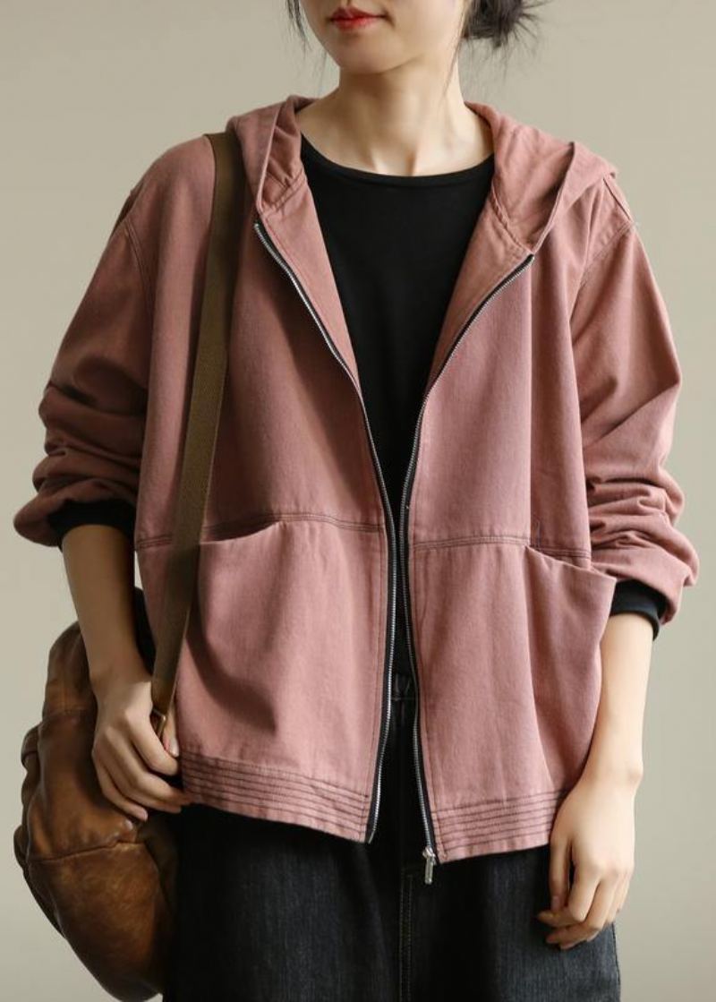 Manteau Mode Rose Élégant Pour Femme Tutoriels D'automne Zippé À Capuche