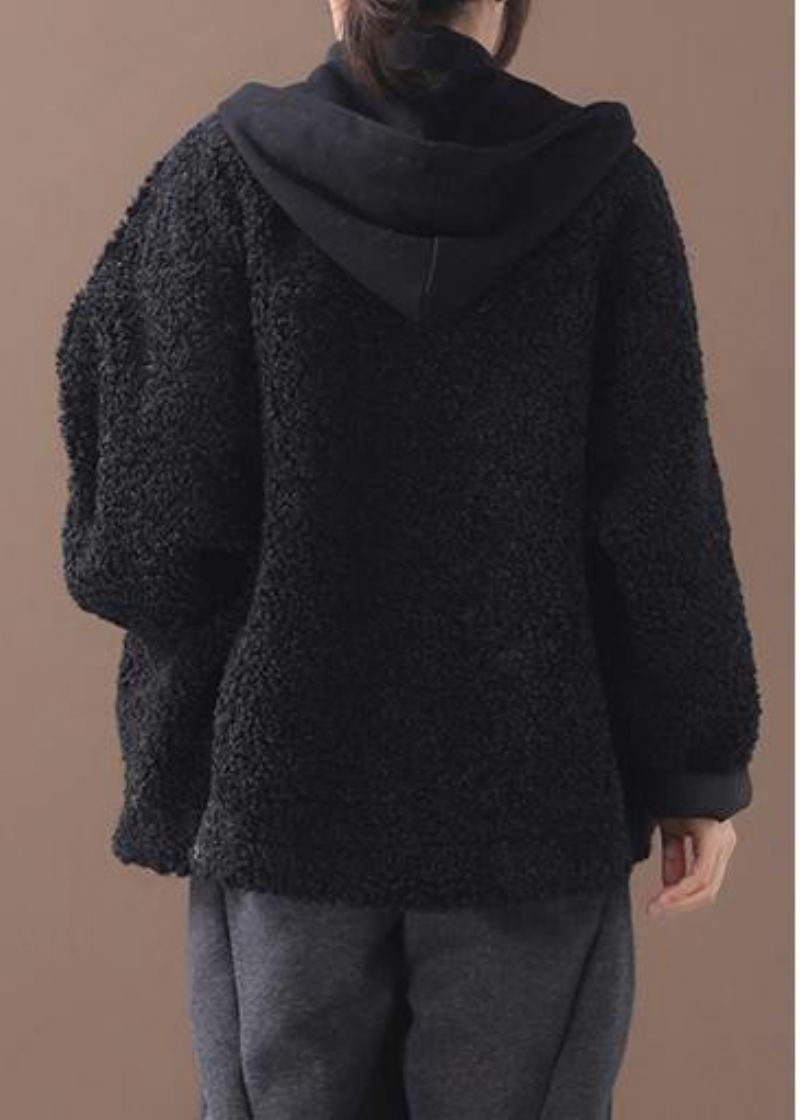 Manteau Noir À Capuche Vêtements Français Grande Taille Patchwork Hiver - Noir