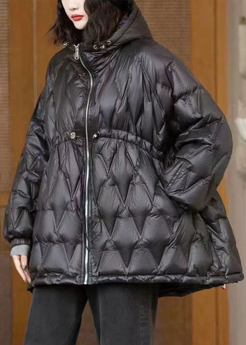 Manteau Noir En Duvet De Canard Avec Poches Et Cordon De Serrage Fermeture Éclair Manches Longues - Manteaux d'hiver femmes