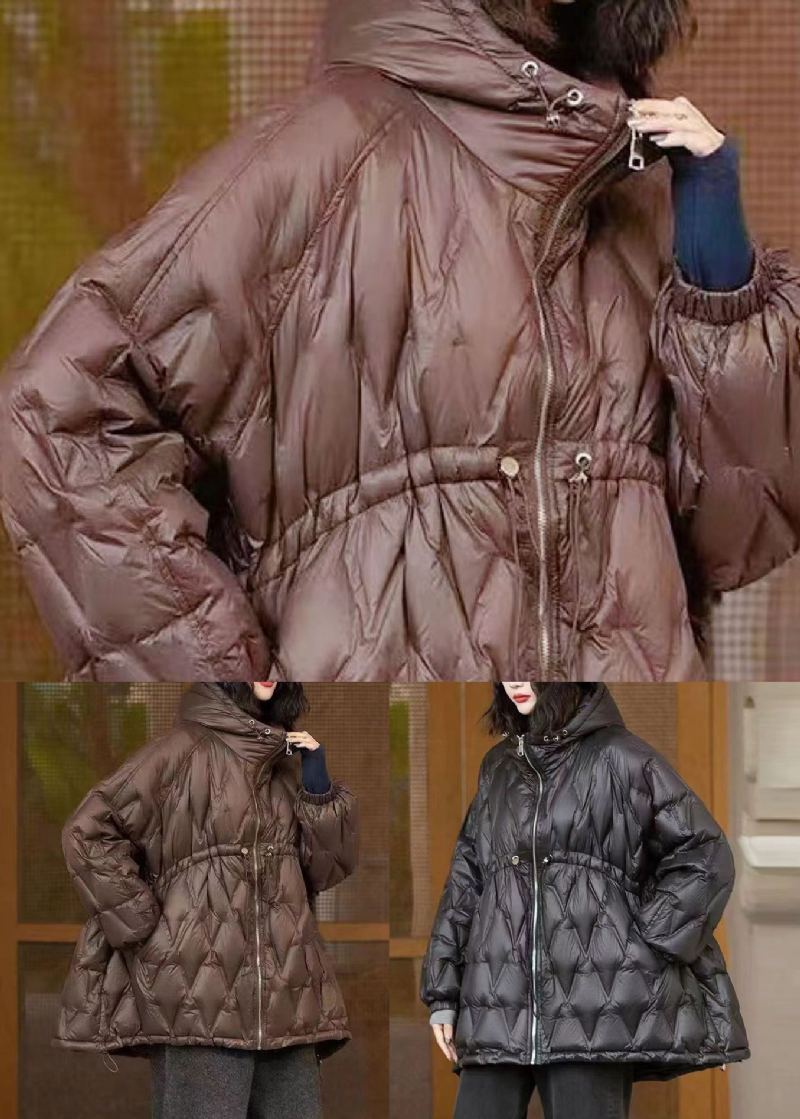 Manteau Noir En Duvet De Canard Avec Poches Et Cordon De Serrage Fermeture Éclair Manches Longues - Manteaux d'hiver femmes