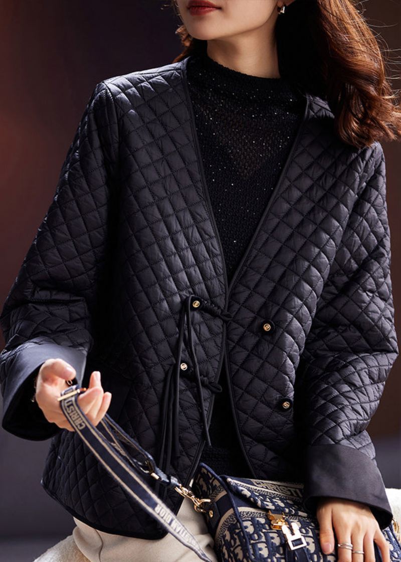 Manteau Noir Rempli De Coton Pour Femmes Col En V Bouton Fin Printemps