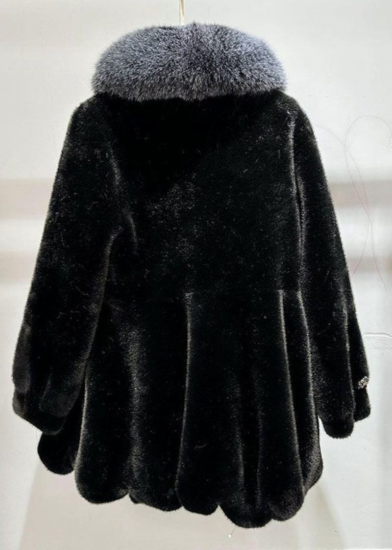 Manteau Noir En Velours De Vison Coupe Cintrée Avec Poches Et Col En Renard Pour L'hiver - Manteaux d'hiver femmes