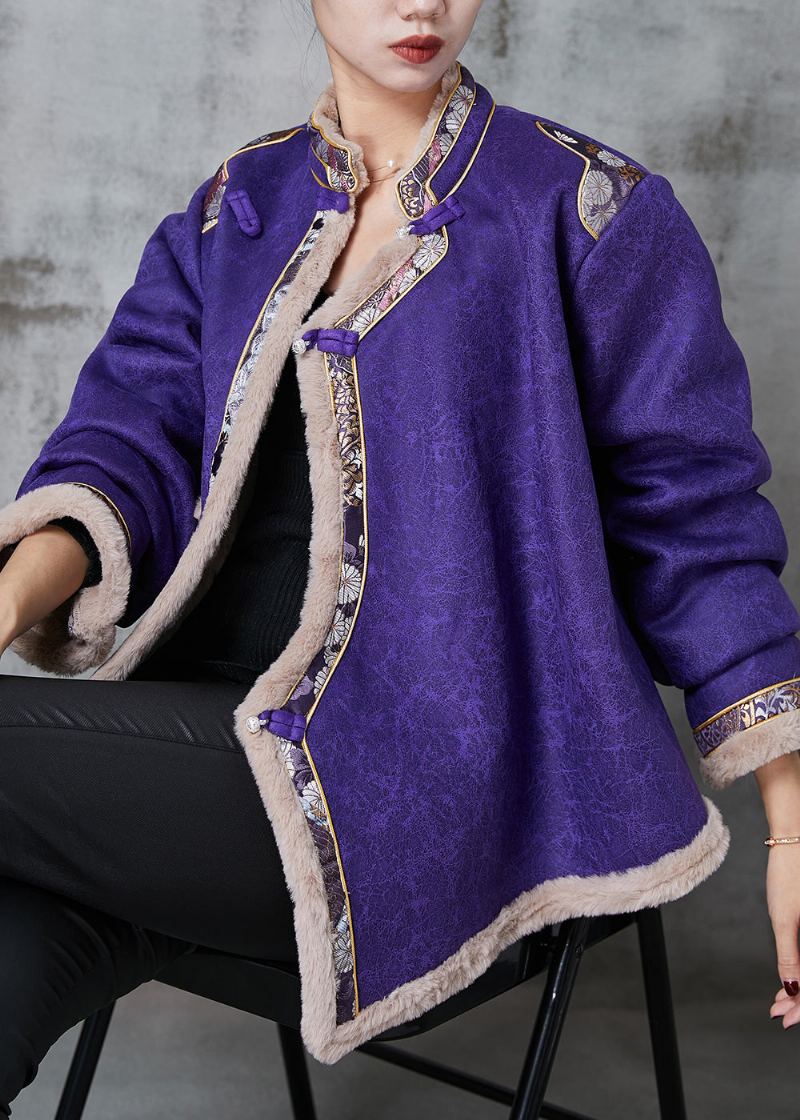 Manteau Oriental En Polaire Chaude Patchwork Violet Col Mandarin Printemps