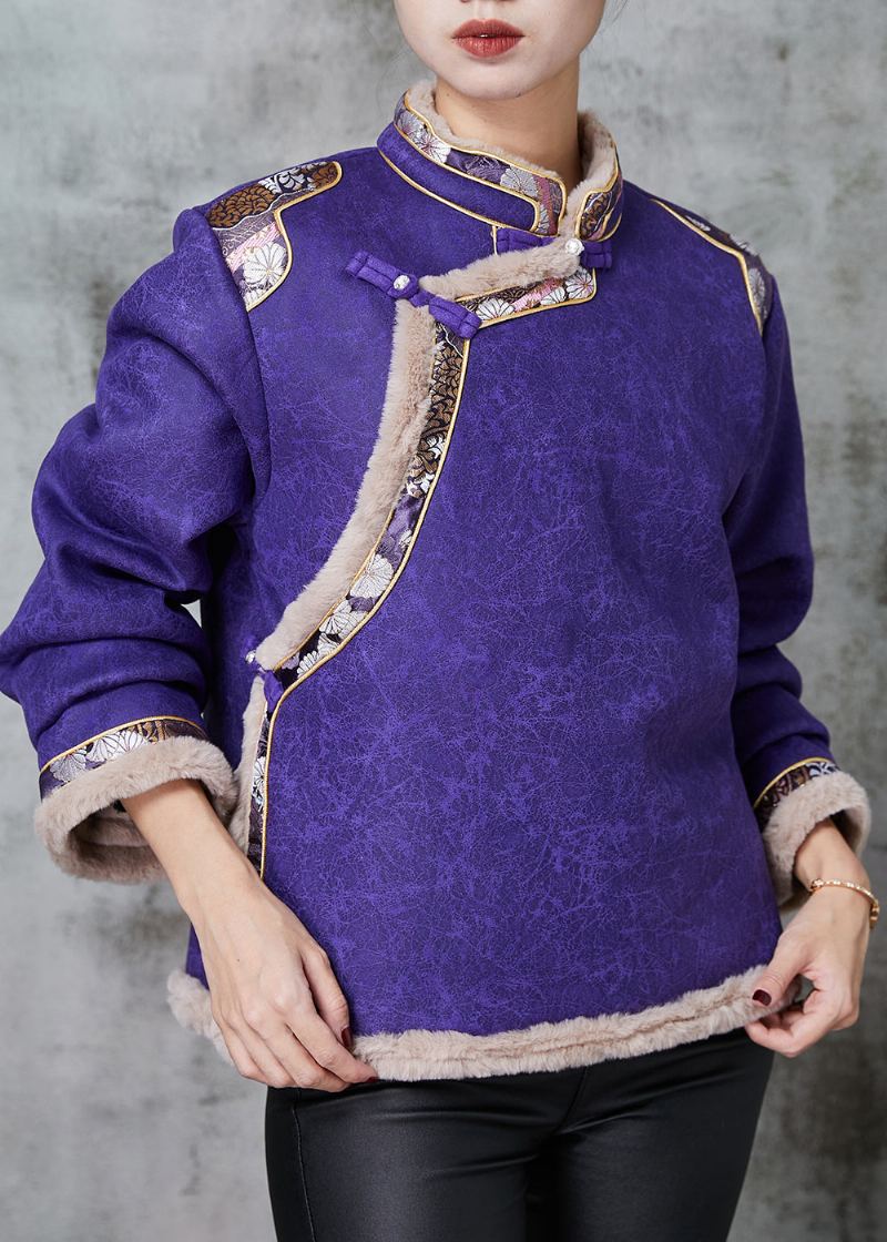 Manteau Oriental En Polaire Chaude Patchwork Violet Col Mandarin Printemps - Manteaux d'hiver femmes