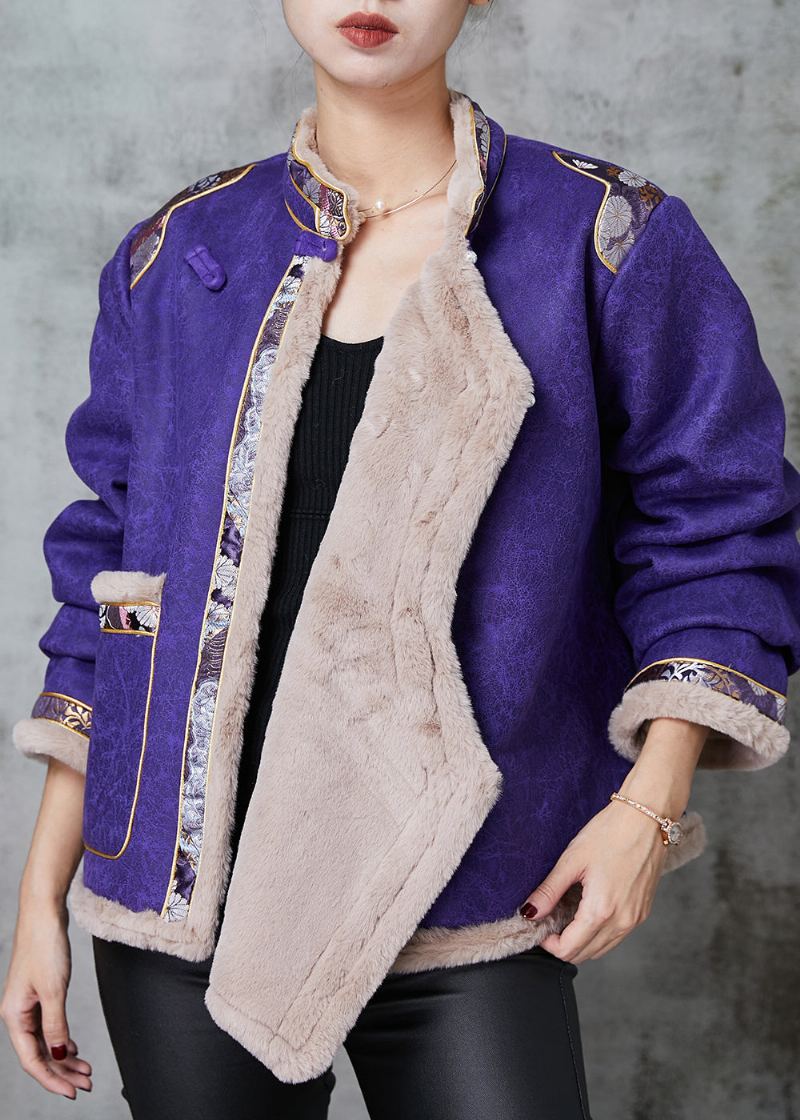 Manteau Oriental En Polaire Chaude Patchwork Violet Col Mandarin Printemps - Manteaux d'hiver femmes