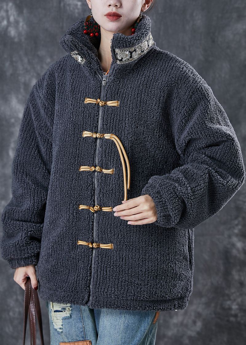 Manteau En Patchwork Gris Avec Boutons Chinois Rempli De Coton Fin Col Montant Hiver