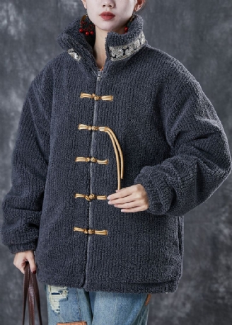 Manteau En Patchwork Gris Avec Boutons Chinois Rempli De Coton Fin Col Montant Hiver