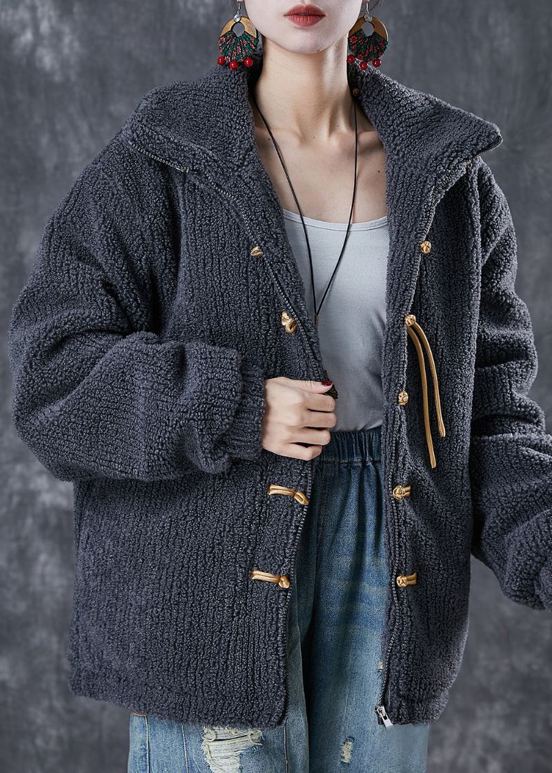 Manteau En Patchwork Gris Avec Boutons Chinois Rempli De Coton Fin Col Montant Hiver - Manteaux d'hiver femmes