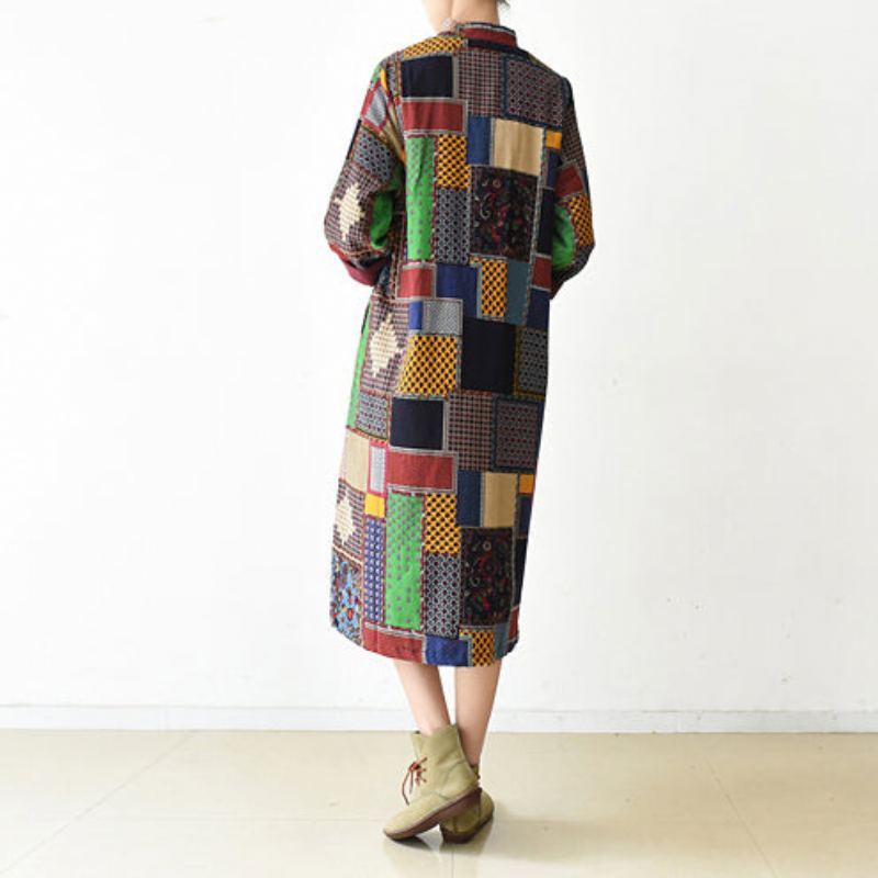 Manteau Patchwork Multicolore Cardigan À Col Rond Grande Taille Manches Chauve-souris Vestes Longues - Manteaux d'hiver femmes