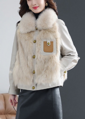 Manteau En Peau De Mouton Boutonné À Col De Renard Beige Automne