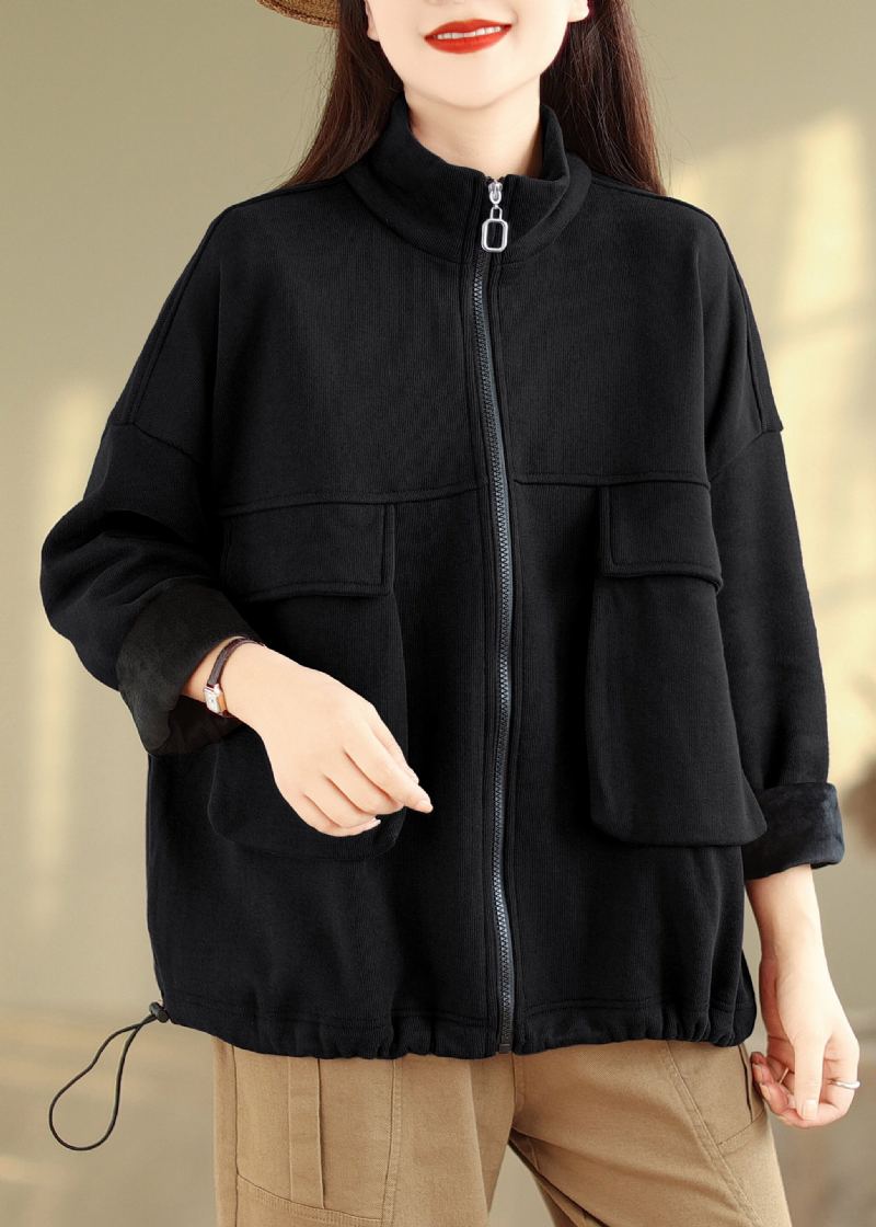 Manteau Polaire Chaud Avec Poches Noires Patchwork Grande Taille Fermeture Éclair Automne